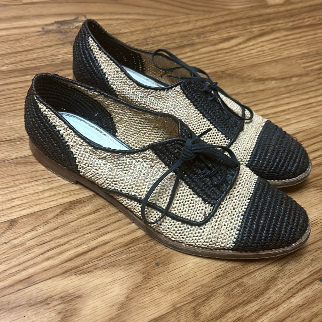 Ralph Lauren Purple Label Black And Natural Woven Oxford Flats